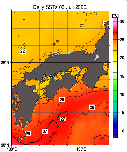 日別海面水温マップ（近畿・中国・四国周辺、2026-07-03）