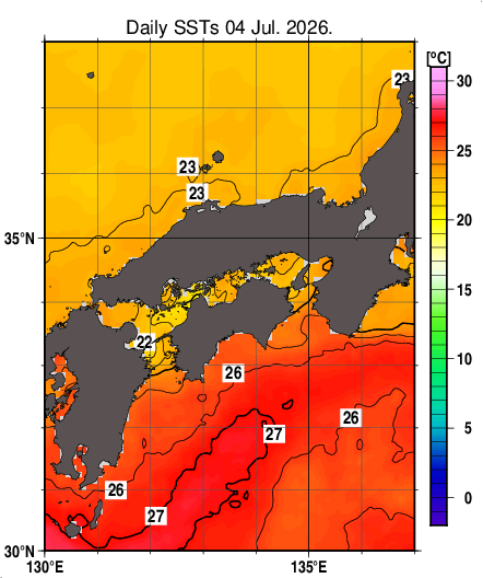 日別海面水温マップ（近畿・中国・四国周辺、2026-07-04）