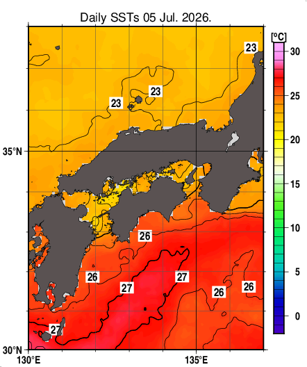 日別海面水温マップ（近畿・中国・四国周辺、2026-07-05）