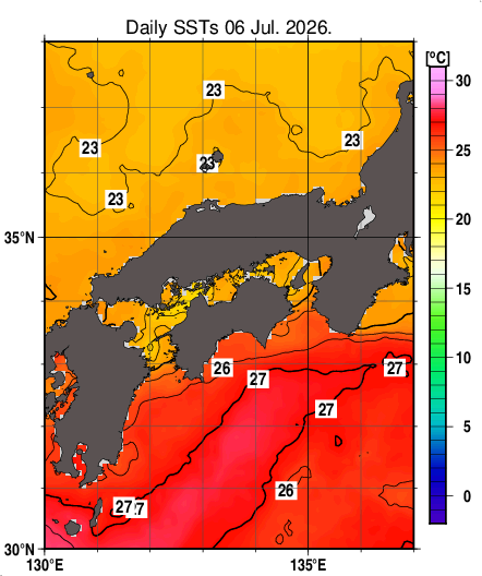 日別海面水温マップ（近畿・中国・四国周辺、2026-07-06）