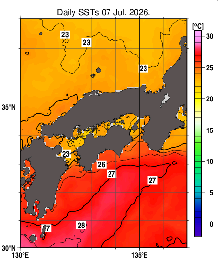 日別海面水温マップ（近畿・中国・四国周辺、2026-07-07）