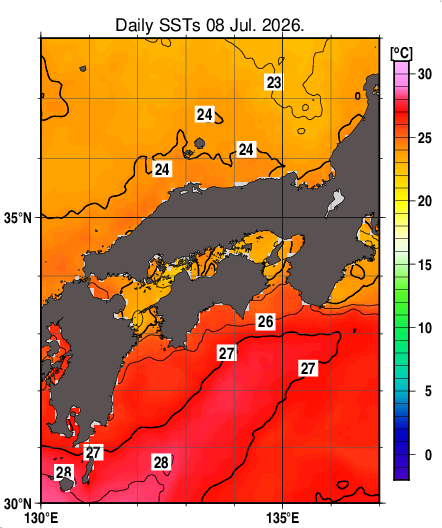 日別海面水温マップ（近畿・中国・四国周辺、2026-07-08）