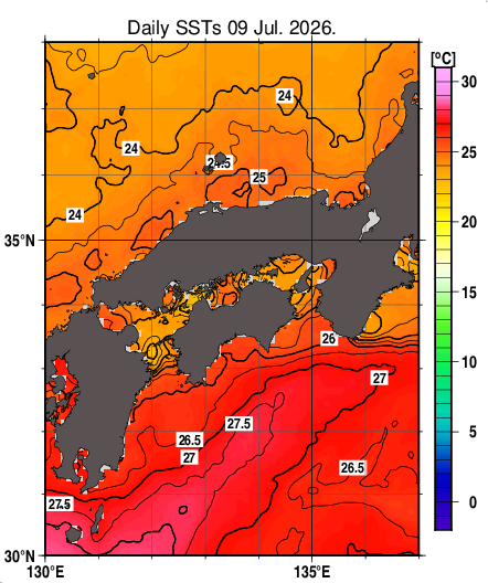 日別海面水温マップ（近畿・中国・四国周辺、2026-07-09）