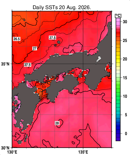 日別海面水温マップ(近畿・中国・四国周辺、2026-08-20)