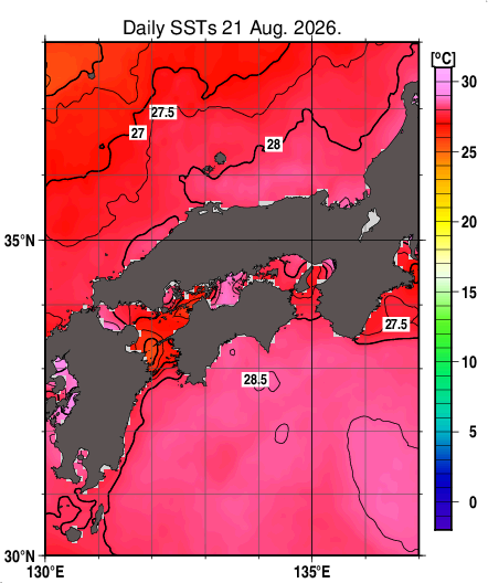 日別海面水温マップ(近畿・中国・四国周辺、2026-08-21)