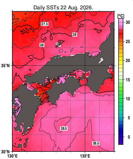 日別海面水温マップ(近畿・中国・四国周辺、2026-08-22)