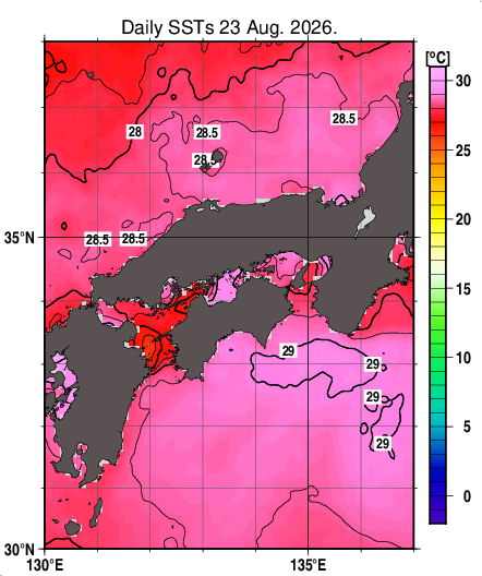 日別海面水温マップ(近畿・中国・四国周辺、2026-08-23)
