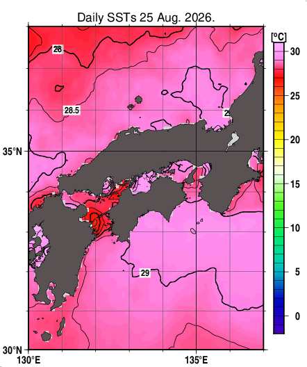 日別海面水温マップ(近畿・中国・四国周辺、2026-08-25)