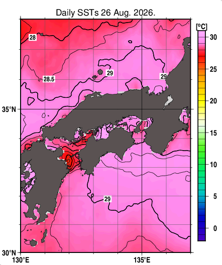 日別海面水温マップ(近畿・中国・四国周辺、2026-08-26)