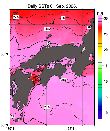 日別海面水温マップ（近畿・中国・四国周辺、2026-09-01）