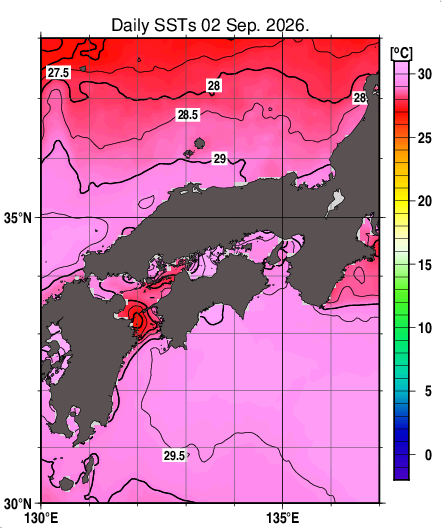 日別海面水温マップ（近畿・中国・四国周辺、2026-09-02）