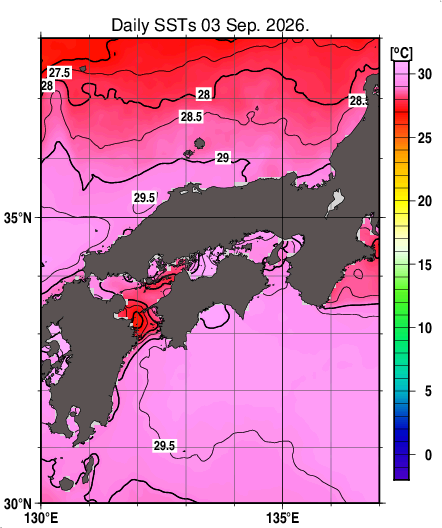 日別海面水温マップ（近畿・中国・四国周辺、2026-09-03）