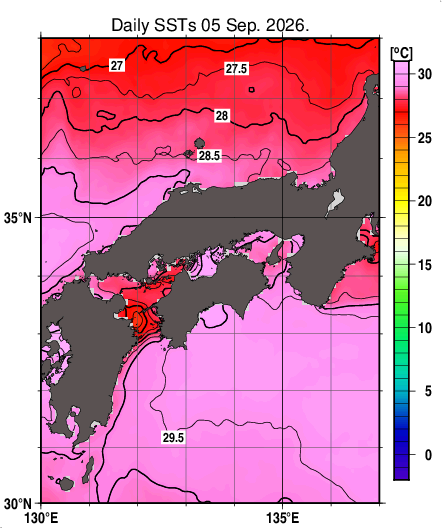 日別海面水温マップ（近畿・中国・四国周辺、2026-09-05）