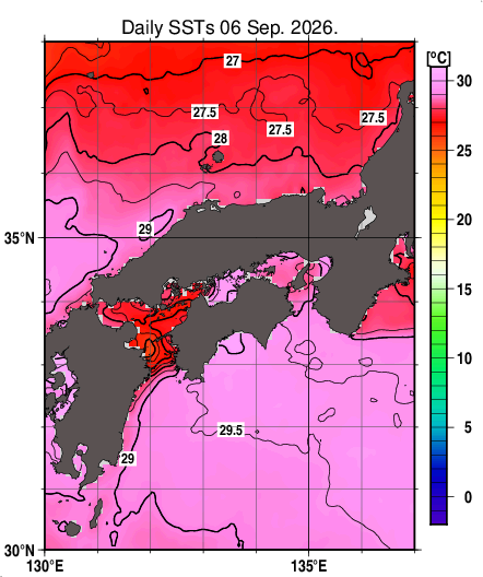 日別海面水温マップ（近畿・中国・四国周辺、2026-09-06）