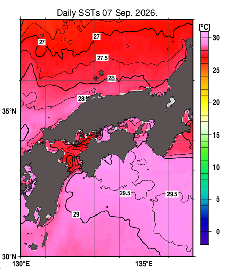 日別海面水温マップ（近畿・中国・四国周辺、2026-09-07）