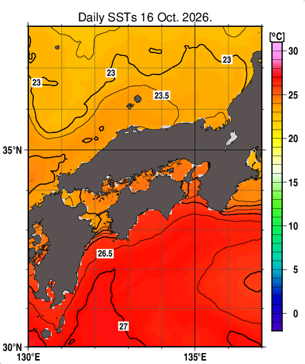 日別海面水温マップ（近畿・中国・四国周辺、2026-10-16）