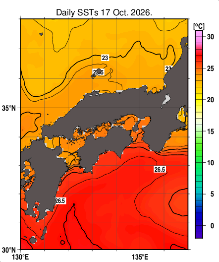 日別海面水温マップ（近畿・中国・四国周辺、2026-10-17）