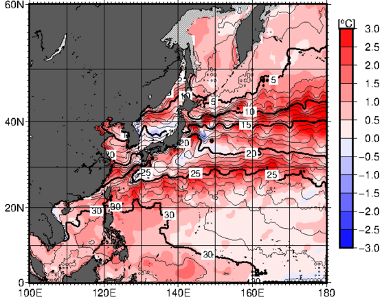 海面水温・同偏差予想図