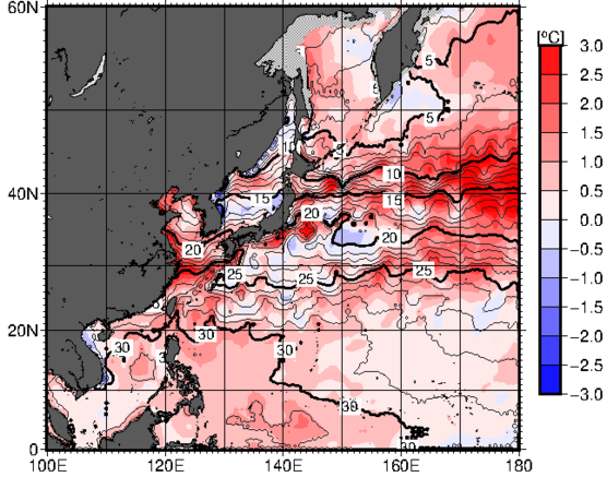 海面水温・同偏差予想図