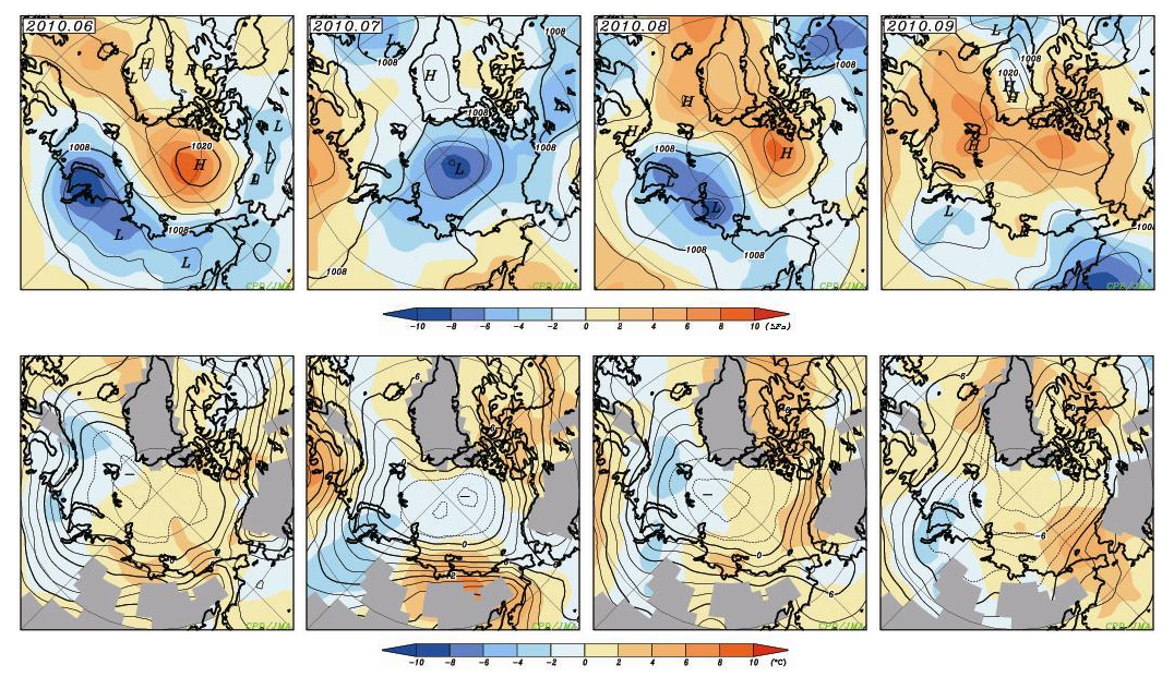 北極域の月平均の海面気圧と925hPaの気温(2010年6月~9月)