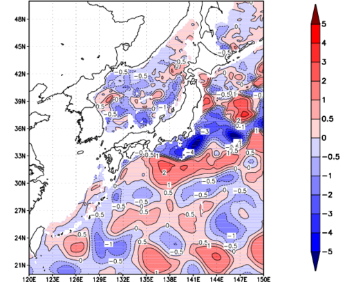 海面~740m月平均表層水温偏差分布
