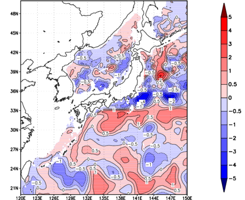海面~740m月平均表層水温偏差分布