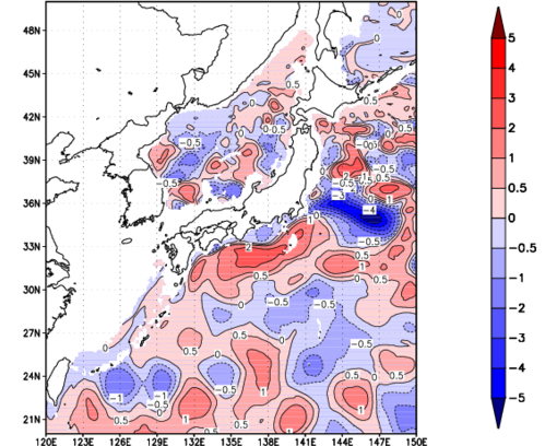 海面~740m月平均表層水温偏差分布