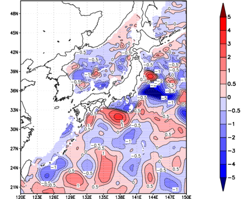 海面~740m月平均表層水温偏差分布