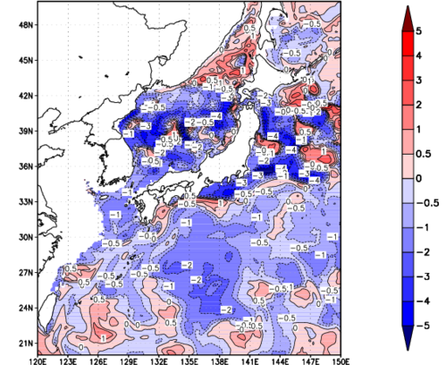 海面~100m月平均表層水温偏差分布