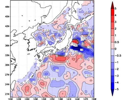 海面~740m月平均表層水温偏差分布
