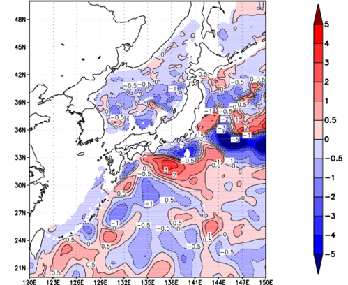 海面~740m月平均表層水温偏差分布