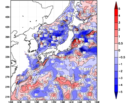 海面~100m月平均表層水温偏差分布