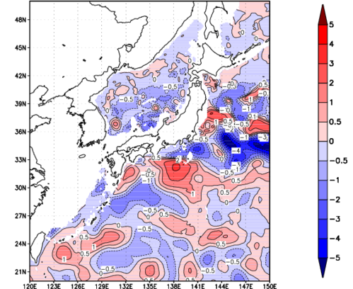海面~740m月平均表層水温偏差分布
