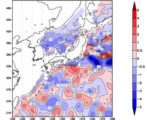 海面~740m月平均表層水温偏差分布
