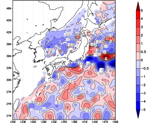海面~740m月平均表層水温偏差分布