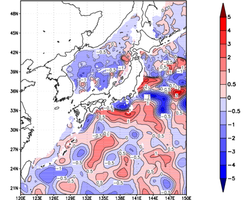 海面~740m月平均表層水温偏差分布