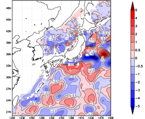 海面~740m月平均表層水温偏差分布