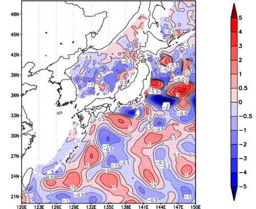海面~740m月平均表層水温偏差分布