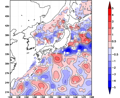海面~740m月平均表層水温偏差分布
