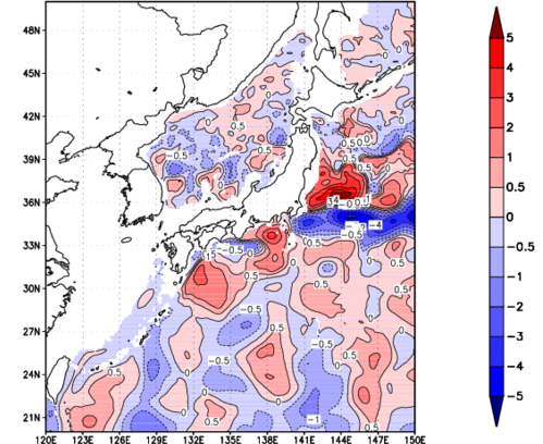 海面~740m月平均表層水温偏差分布