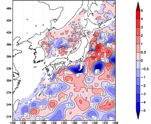 海面~740m月平均表層水温偏差分布