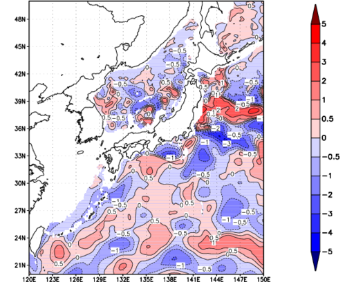 海面~740m月平均表層水温偏差分布