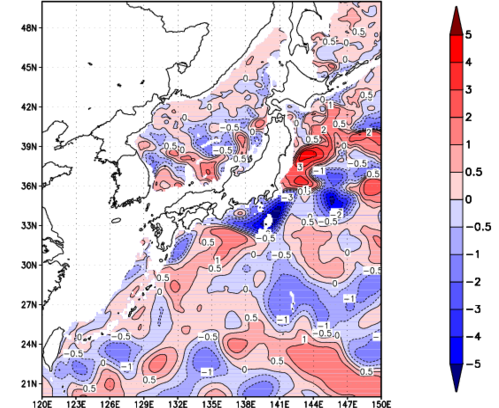 海面~740m月平均表層水温偏差分布