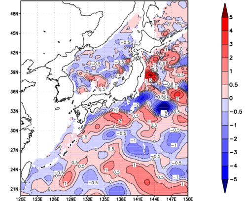 海面~740m月平均表層水温偏差分布