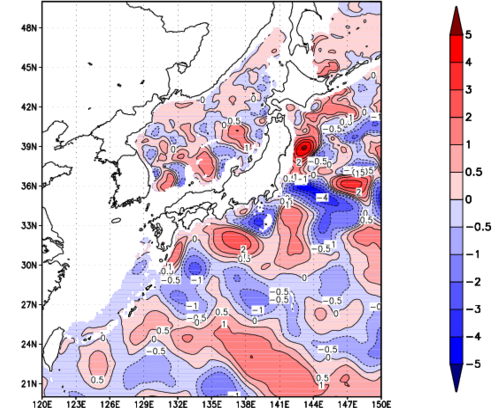 海面~740m月平均表層水温偏差分布