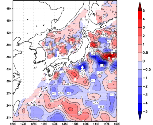海面~740m月平均表層水温偏差分布