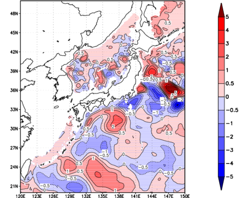 海面~740m月平均表層水温偏差分布