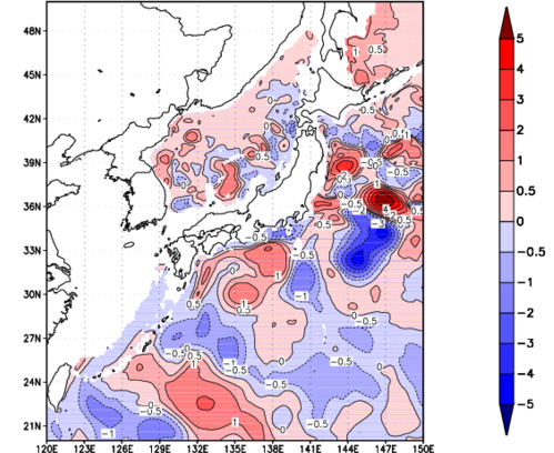 海面~740m月平均表層水温偏差分布