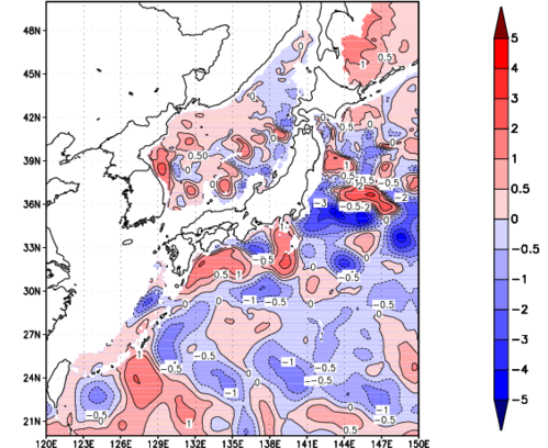 海面~740m月平均表層水温偏差分布