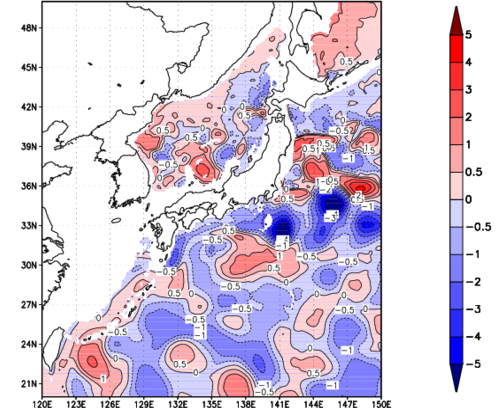 海面~740m月平均表層水温偏差分布